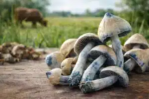 Close-up of Blue Meanie mushrooms with blue bruising on stems and caps on a wooden surface.