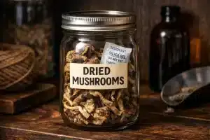 Airtight mason jar of dried mushrooms with a silica gel desiccant packet.