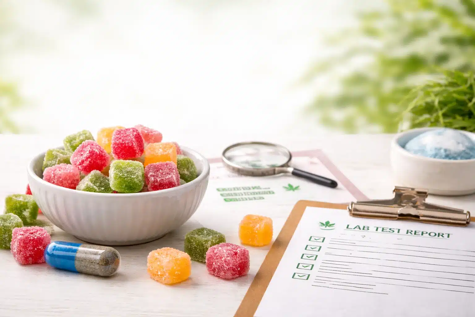 Colorful sugar-coated microdose gummies beside a lab test report and a magnifying glass.