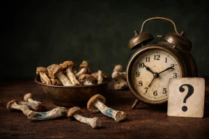 A bowl of mushrooms beside a clock with a question mark