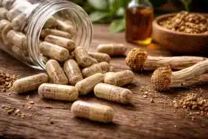 Microdose mushroom capsules alongside dried mushrooms, illustrating a common format used for consistent microdosing