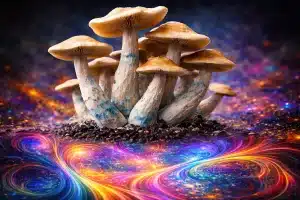 Melmac mushrooms with thick stems and blue bruising, illustrated to represent their potency and psychedelic effects
