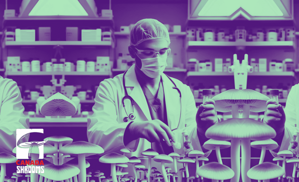 Worker with mask tending to magic mushrooms