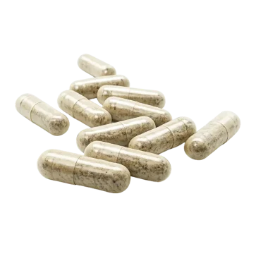 Loose mushroom capsules on white background