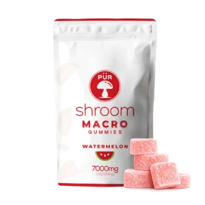 Macro shroom gummies front of pouch with gummies on display