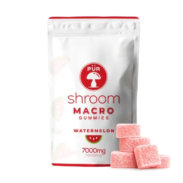 Macro shroom gummies front of pouch with gummies on display