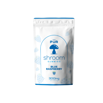 Front side of Pur Shroom Blue Raspberry Gummy Package