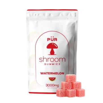 Watermelon Shroom gummies front of pouch with gummies on display