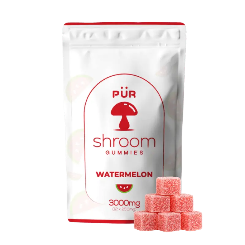 PÜR Shroom Gummies - Watermelon 1 Watermelon Shroom gummies front of pouch with gummies on display