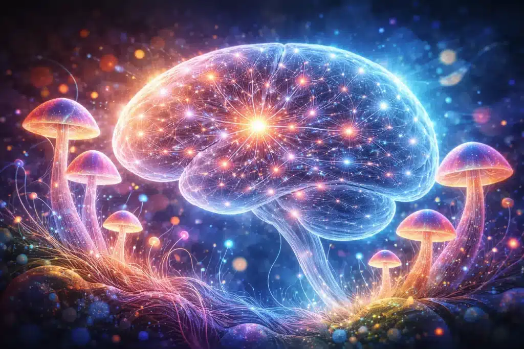 Illustration representing changes in brain connectivity and neural pathways associated with psilocybin research