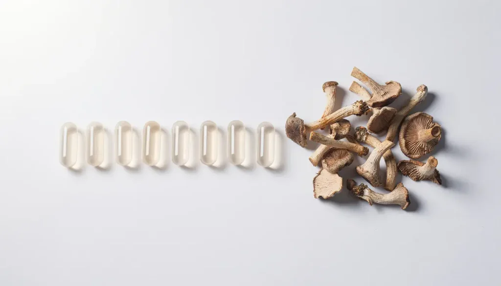 Capsules shown next to a pile of mushrooms