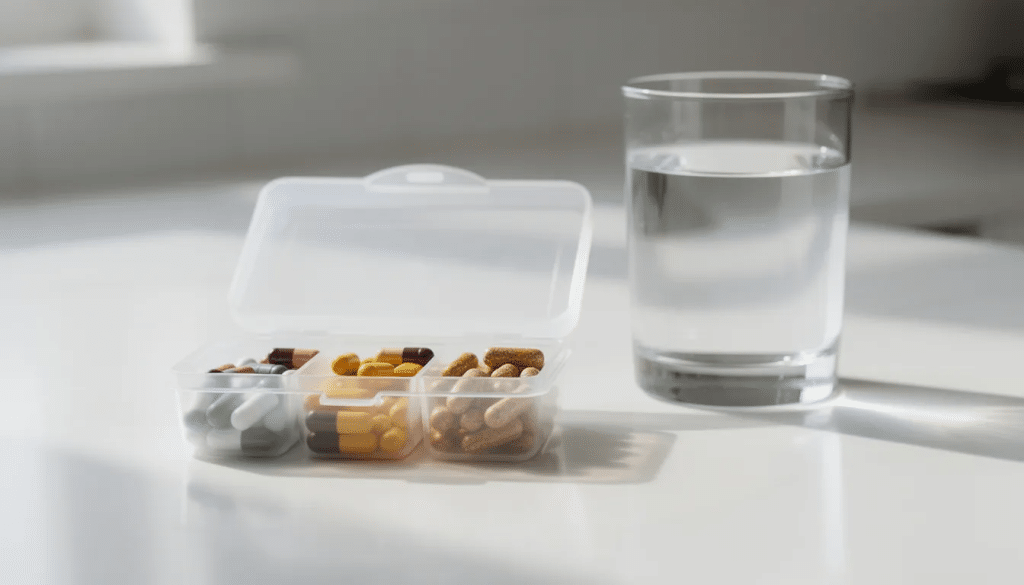 Microdose capsules next to a glass of water