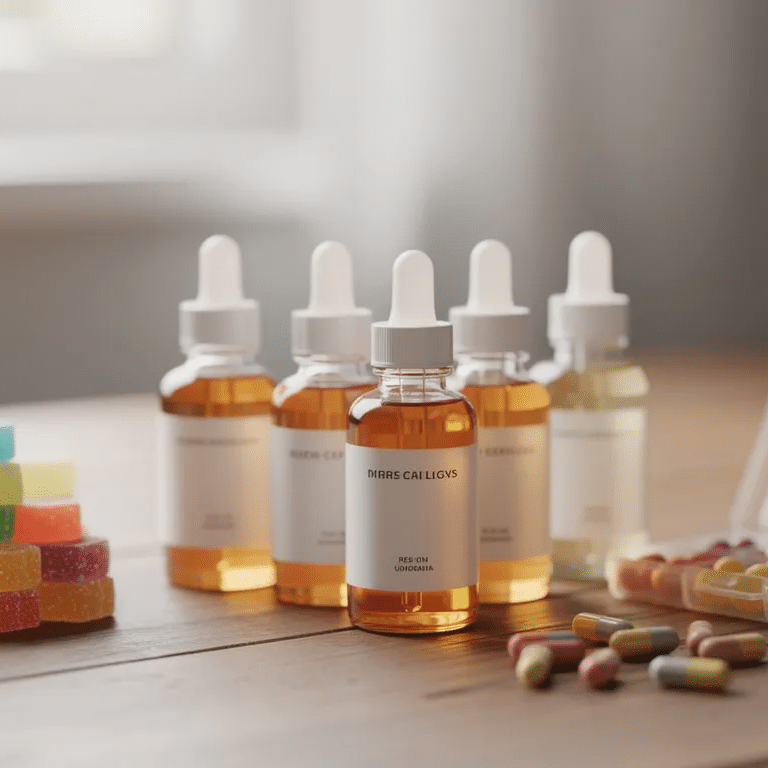 Microdose gummies next to tinctures and capsules on a wood table