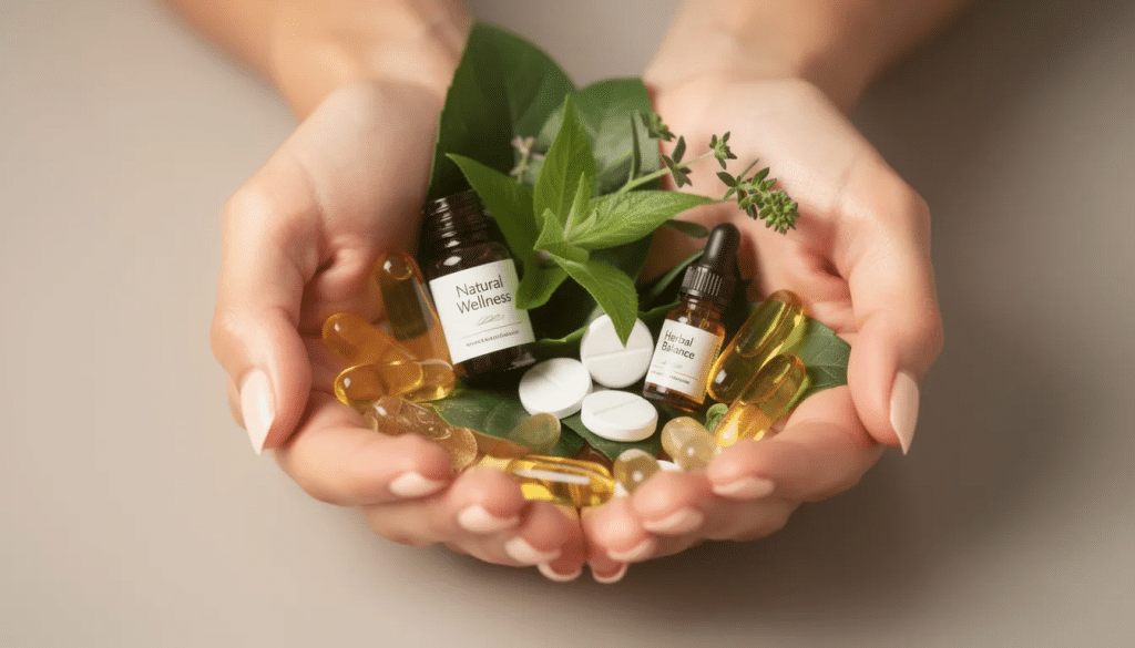 Health and wellness products cupped in hands