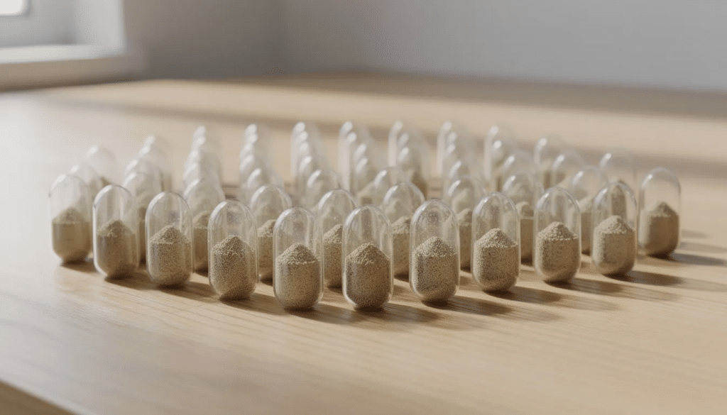 Microdose Capsules standing on a smooth wood table