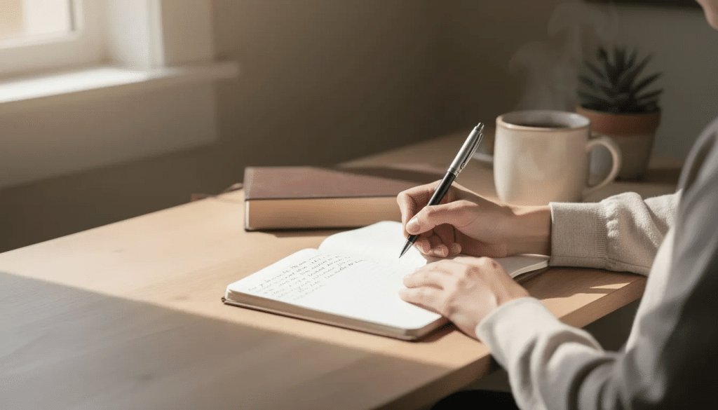 A person tracking microdose progress in a notepad on a wood table