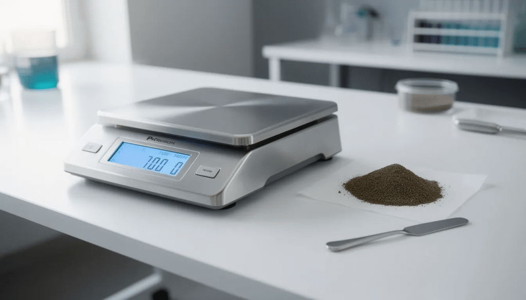 Lab setting with a scale beside powdered mushrooms