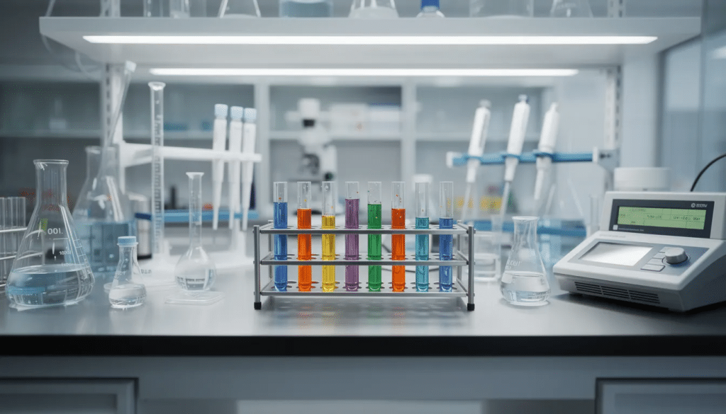 Vials of liquid in a lab setting