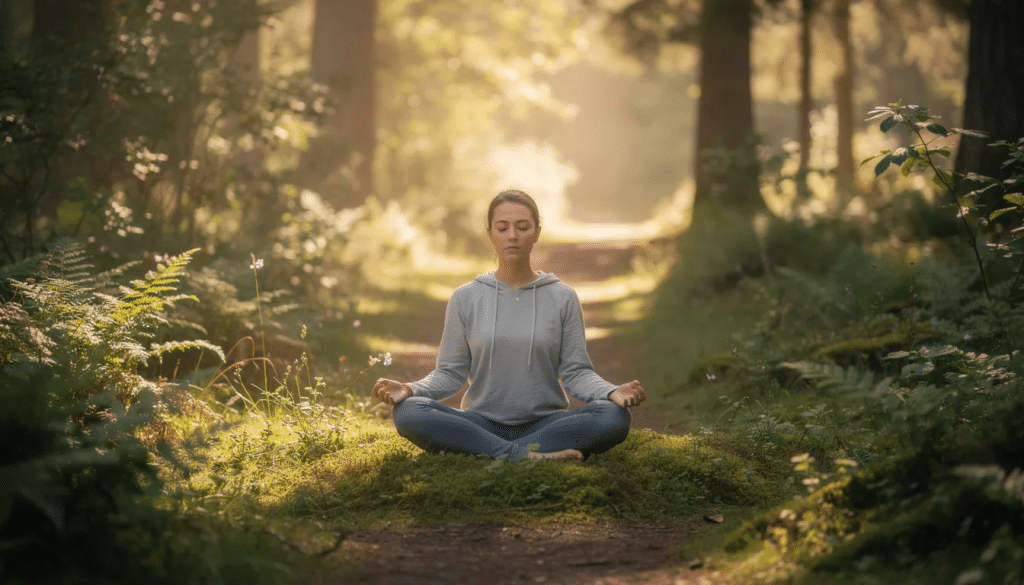 Woman meditating in nature after microdosing