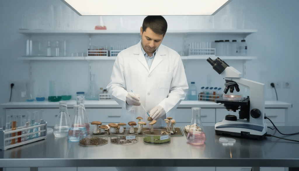 Man in lab coat testing magic mushrooms