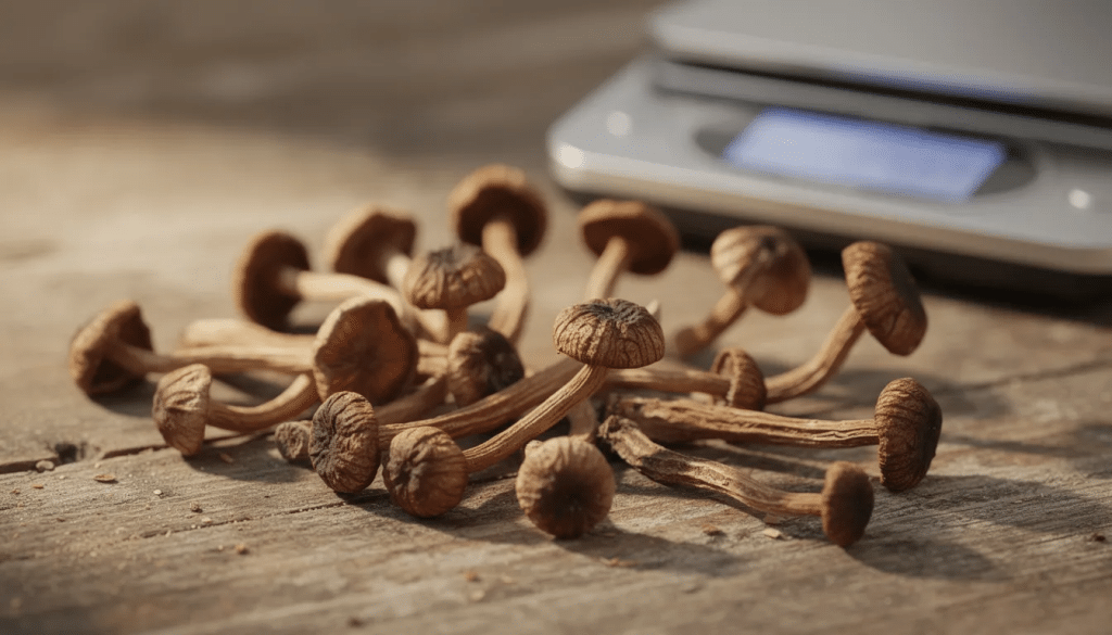 Magic Mushrooms on wooden table near a scale