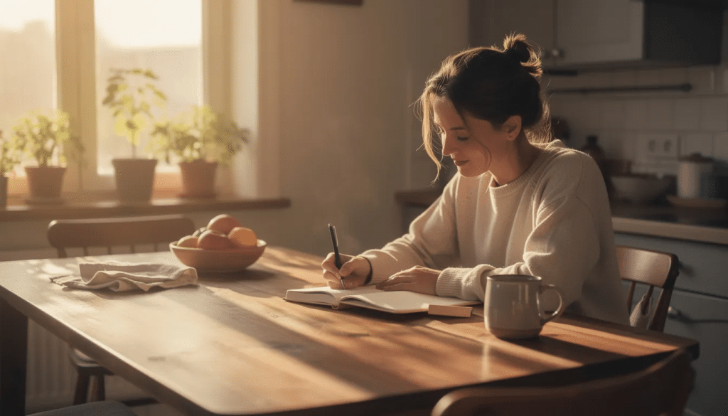 Woman tracking her microdosing schedule at a wood table