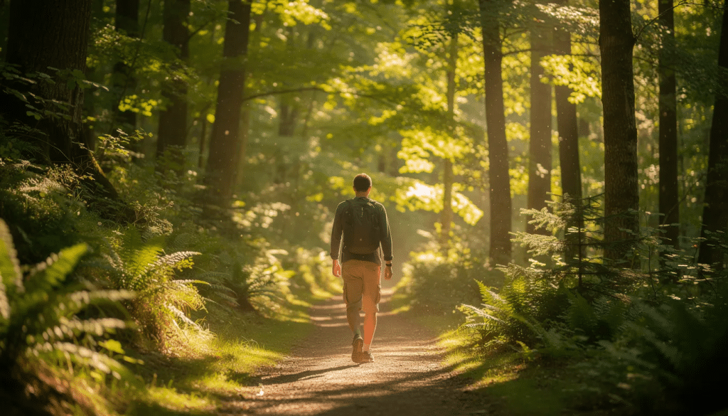 A person is walking peacefully along a forest trail, surrounded by lush greenery and dappled sunlight filtering through the trees, creating a serene atmosphere. This tranquil scene evokes a sense of connection to nature, which can be beneficial for mental health and well-being, similar to the effects some seek from psilocybin mushrooms.