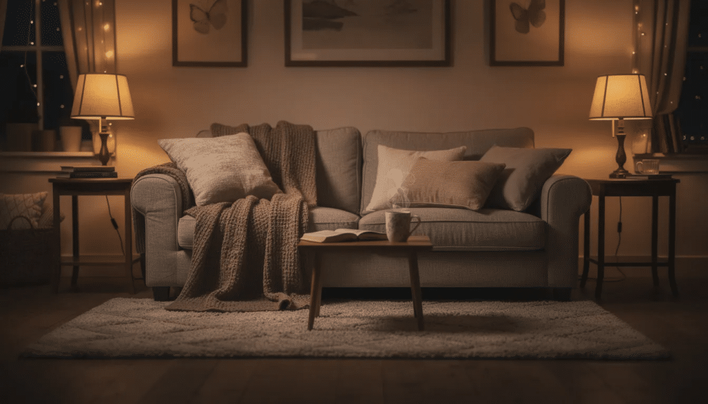 The image depicts a cozy living room adorned with soft blankets and plush cushions, illuminated by the warm glow of dim lamps, creating an inviting atmosphere perfect for relaxation or introspection. This serene setting could serve as a comfortable space for those exploring the potential benefits of psilocybin mushrooms or engaging in a personal growth journey through a psychedelic experience.