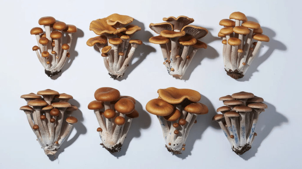 A variety of dried psilocybe cubensis mushrooms, also known as magic mushrooms, are neatly arranged on a white table, showcasing their unique shapes and colors. These psychoactive mushrooms are known for their hallucinogenic effects, often used in discussions about mental health and substance use.