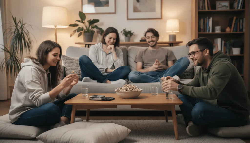 A group of friends is gathered indoors in a cozy living room, preparing to take magic mushrooms, which contain psilocybin. They are engaged in conversation, with a mix of excitement and apprehension about the potential mental health benefits and risks associated with psychedelic drug use.
