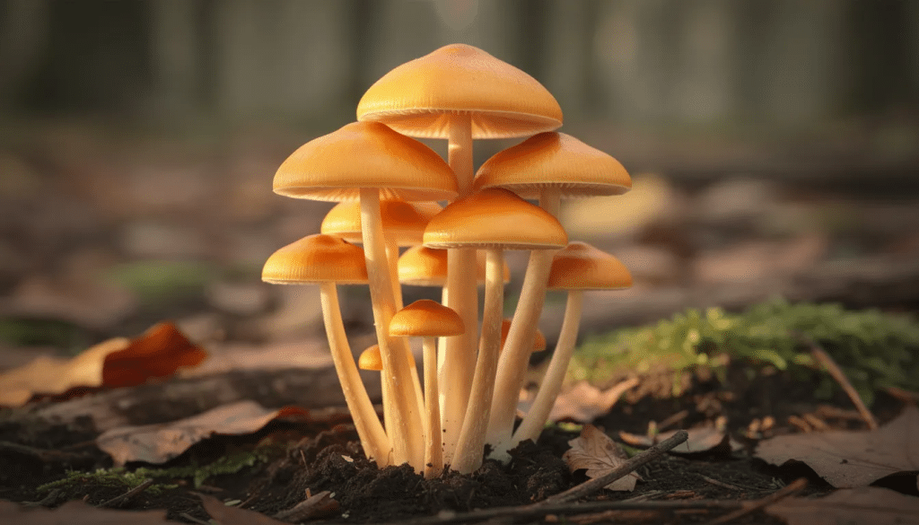 The image showcases a cluster of golden-capped psilocybe mushrooms with slender stems, commonly known as magic mushrooms. These potent fungi are renowned for their distinctive conical shape and are often associated with profound introspective experiences and cultural significance in various indigenous traditions.