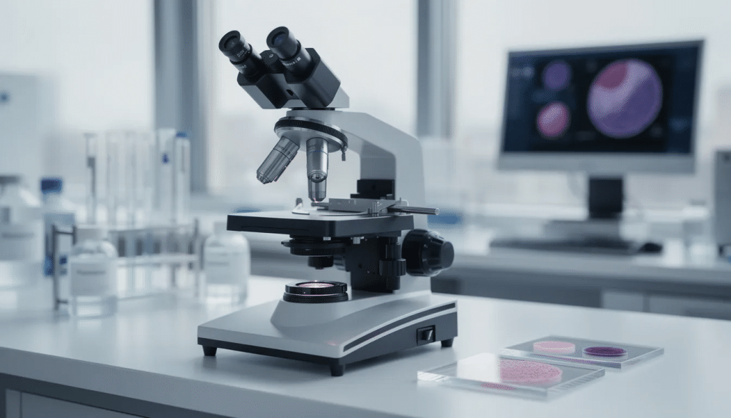The image depicts a laboratory microscope positioned on a workbench, surrounded by various cell samples and research materials, highlighting an environment dedicated to psychedelic and consciousness research. This setting is crucial for clinical trials exploring the therapeutic effects of psilocybin therapy on mental health disorders, including treatment-resistant depression.