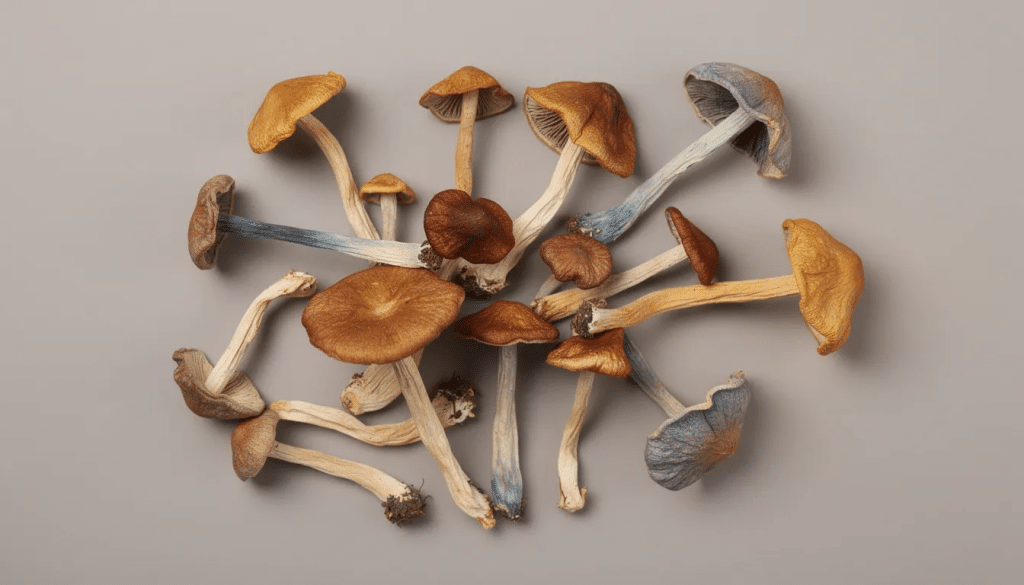 The image displays a variety of dried magic mushrooms, showcasing different cap colors and stem shapes, including strains like psilocybe cubensis and psilocybe semilanceata, all arranged on a neutral surface. These unique fruiting bodies, known for their psychedelic properties, highlight the diverse characteristics of psilocybin mushrooms used in various cultural and spiritual practices.