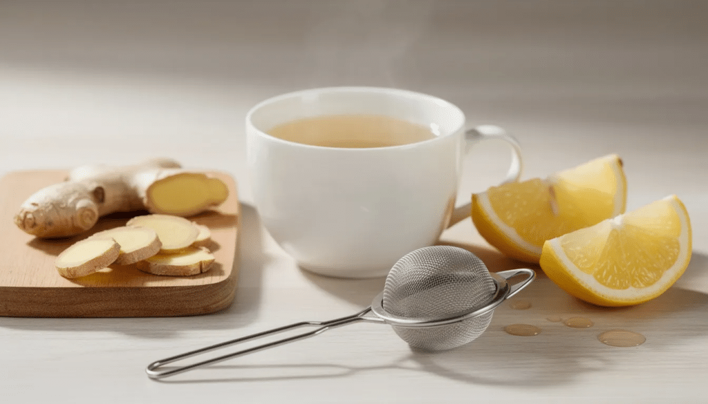The image depicts a serene tea preparation scene featuring a ceramic cup, freshly sliced ginger, lemon wedges, and a small strainer, suggesting a calming ritual that could complement a mindful experience, such as a mushroom trip or exploration of psychedelic effects.