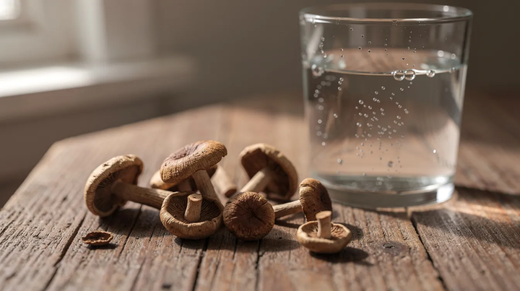 mushroomsandwater | Canada Shrooms The image features small dried magic mushrooms arranged neatly on a rustic wooden surface, accompanied by a glass of water, suggesting a potential setting for psilocybin treatment or psychedelic research aimed at mental health conditions such as depression and anxiety. The natural elements evoke a sense of calm, which is important for creating a comfortable environment during psychedelic experiences.