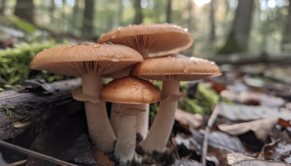 A close-up view of psilocybe cubensis mushrooms nestled in a lush forest environment, showcasing their unique shapes and colors. These mushrooms, known for their psychoactive properties, are often studied in psychedelic research for their potential therapeutic effects on mental health disorders such as treatment-resistant depression and PTSD.