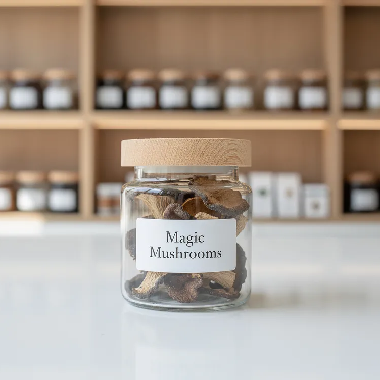 A jar of magic mushrooms on a white table with shelving in the background