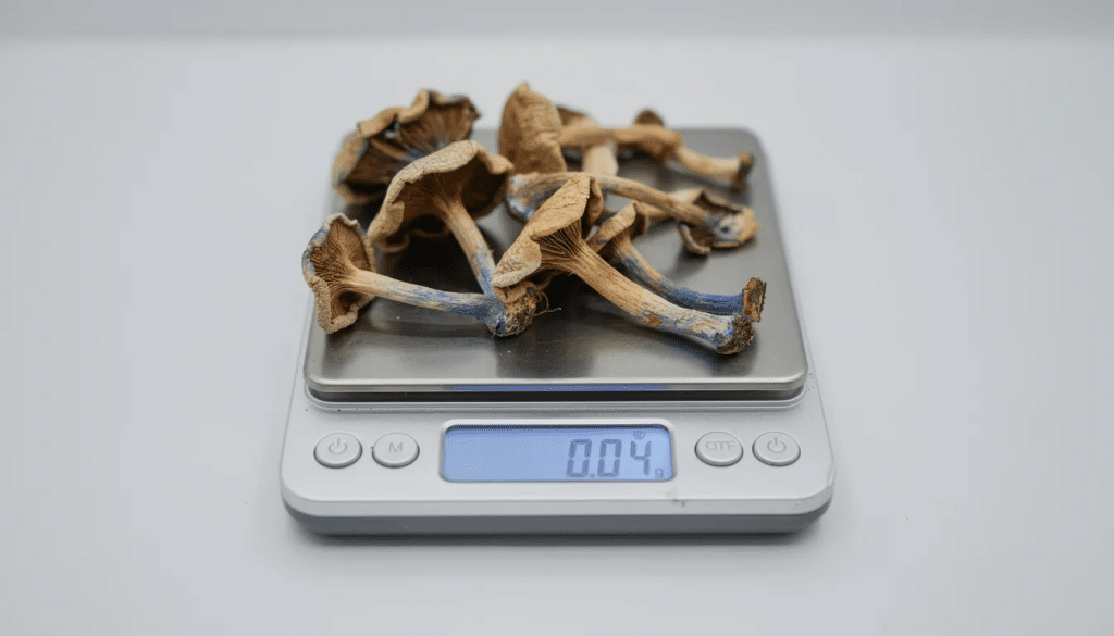 The image shows dried psilocybin mushrooms, specifically psilocybe cubensis, neatly arranged on a small digital scale in a clean and well-lit environment. This setting highlights the mushrooms' potential for therapeutic use and their psychoactive effects, often associated with psychedelic experiences.