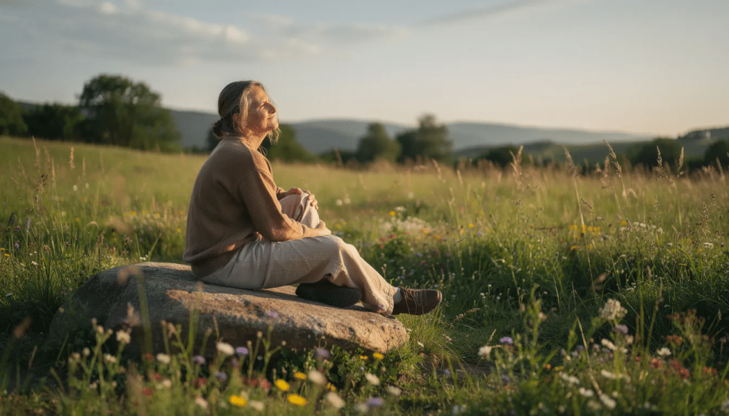 The image depicts a person sitting peacefully in a natural setting, appearing contemplative and relaxed, surrounded by greenery. This serene moment may evoke thoughts about the therapeutic potential of psilocybin mushrooms and their use in addressing mental health disorders.