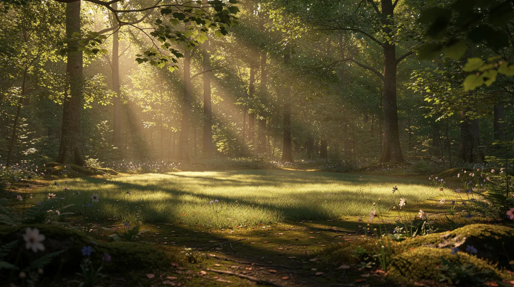 sereneforest | Canada Shrooms A serene forest clearing is depicted, with dappled sunlight gently filtering through the lush green trees, creating a calming atmosphere that invites reflection and connection with nature. This tranquil setting may evoke feelings of peace and could serve as an ideal backdrop for therapeutic practices, including those related to psychedelic medicine and mental health research.