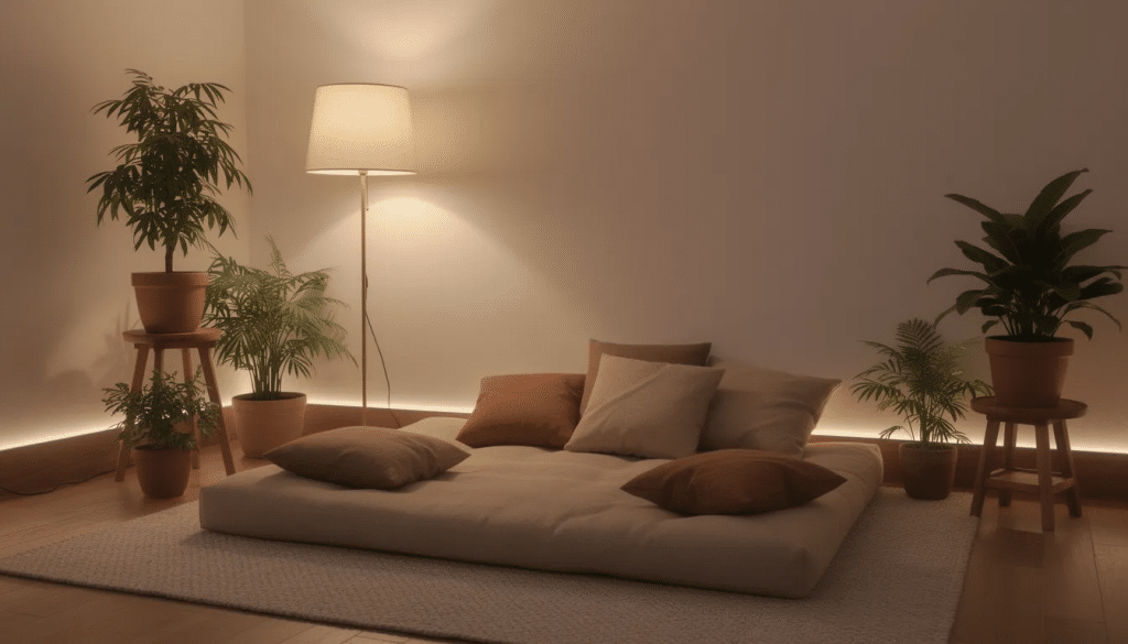 The image depicts a serene indoor space filled with soft cushions and dim lighting, surrounded by lush plants that foster a calm atmosphere, ideal for relaxation or introspection, potentially enhancing the experience of consuming psilocybin mushrooms. This tranquil setting may serve as a comforting backdrop for those exploring the therapeutic effects of psychedelic substances.