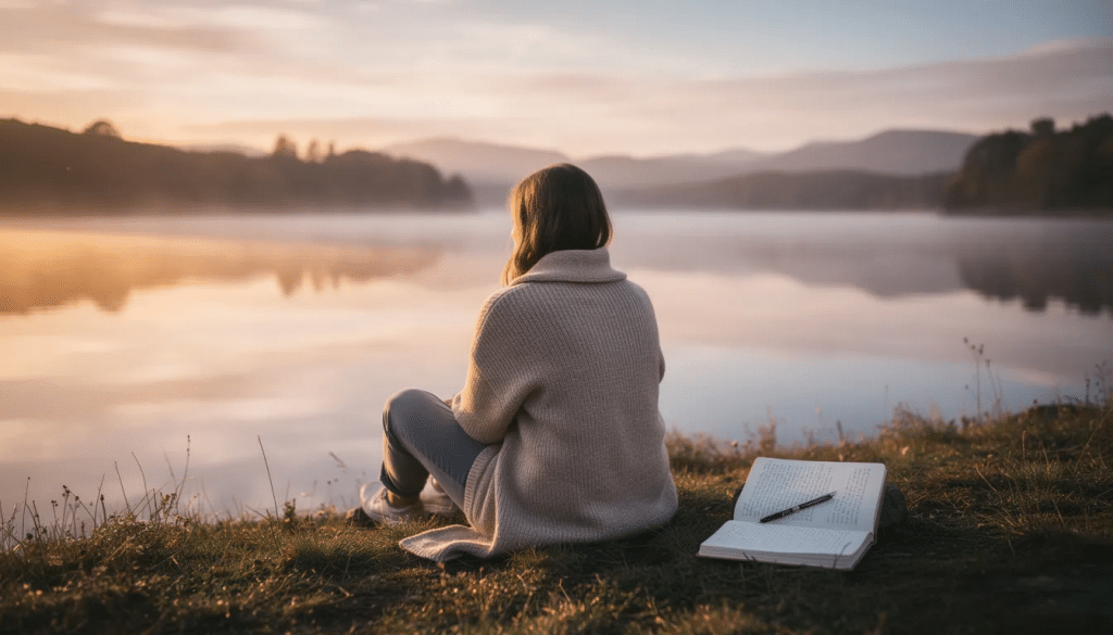 A serene scene captures a person sitting peacefully by a lake at sunrise, with a journal open beside them, surrounded by the natural world. This tranquil moment evokes a sense of personal growth and well-being, reminiscent of the introspective experiences often sought through practices like psilocybin research and the exploration of psychedelic mushrooms.