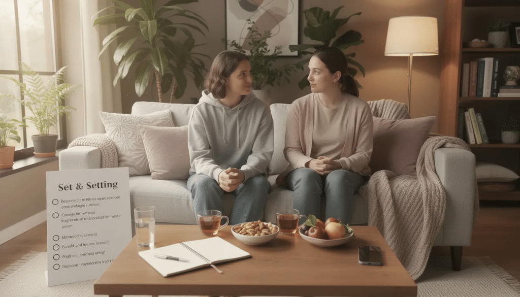 The image illustrates a safe and supportive environment for taking magic mushrooms, featuring a calm, cozy room with soft lighting, comfortable seating, and soothing decor, emphasizing the importance of supervised settings for psilocybin use to mitigate risks and enhance positive experiences. It highlights the therapeutic potential of psilocybin mushrooms while ensuring a focus on mental health and safety.