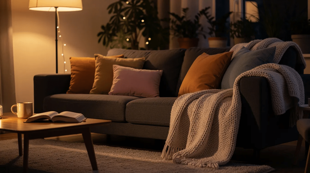 The image depicts a cozy, dimly-lit living room featuring a plush couch adorned with comfortable cushions and soft blankets, creating an inviting atmosphere perfect for relaxation. The warm lighting enhances the tranquil setting, making it an ideal space for unwinding and enjoying a peaceful moment.