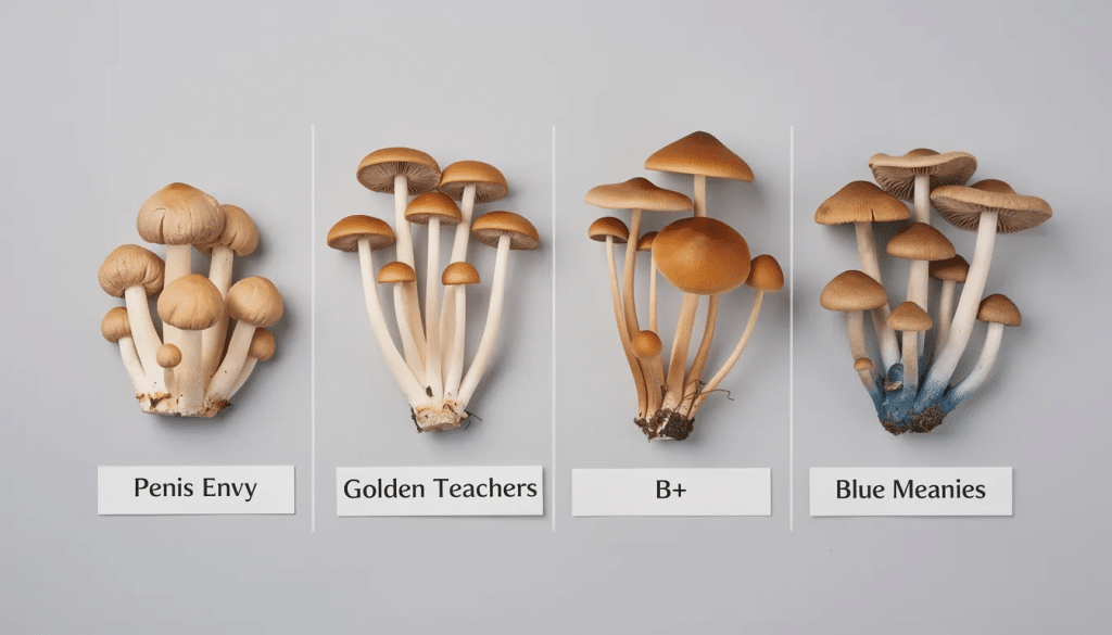 The image showcases various types of psilocybin mushrooms, including the distinct penis envy, golden teachers, B+, and blue meanies, all arranged aesthetically. These psychedelic mushrooms, known for their psychoactive effects, are displayed in their dried form, highlighting the unique characteristics of each mushroom species.