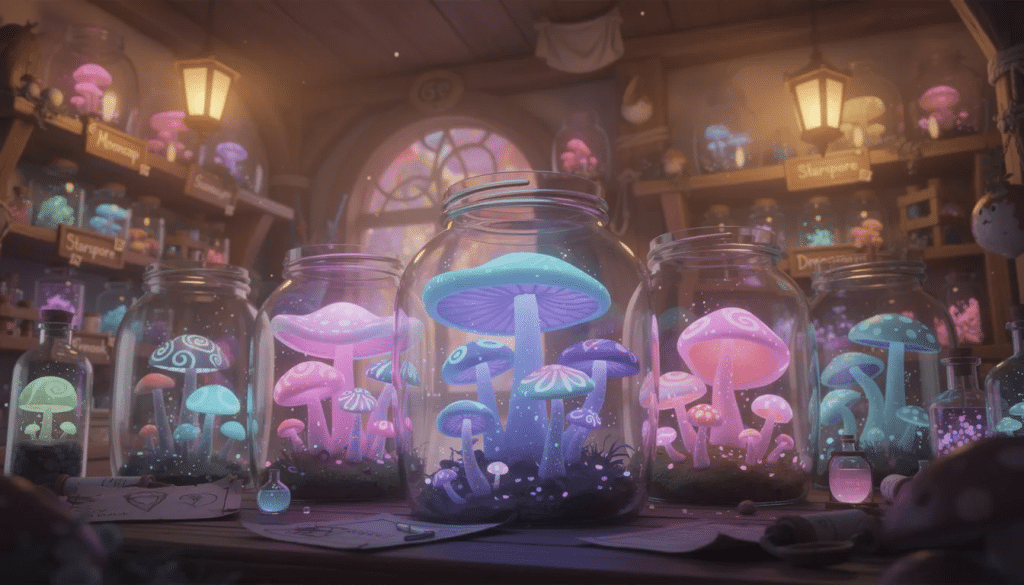 The image depicts several jars filled with dried psilocybe cubensis mushrooms, commonly known as magic mushrooms, arranged on a counter in a magic mushroom dispensary. The background features shelves stocked with various psychedelic substances, emphasizing the therapeutic use and potential mental health benefits of psilocybin-containing mushrooms.