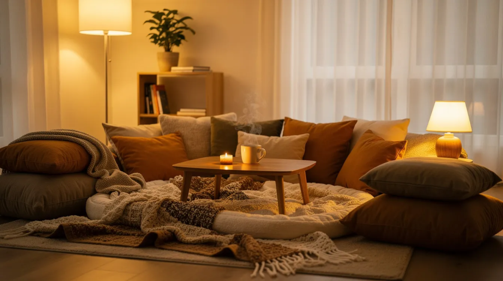 verycozylivingroom | Canada Shrooms The image depicts a serene and inviting room, softly lit with warm lighting, featuring cozy blankets and cushions that create a relaxing atmosphere ideal for mental health practices. This comfortable setting is conducive to therapeutic experiences, potentially enhancing the effects of psychedelic treatments like psilocybin for conditions such as treatment-resistant depression and anxiety.