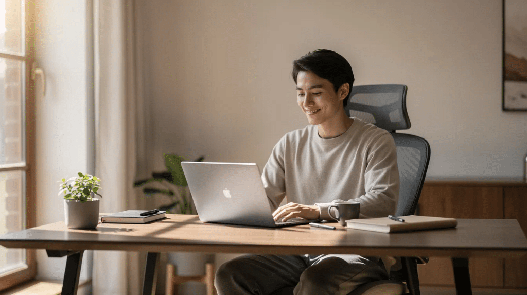 The image depicts a person in a serene and well-lit home office, exuding a sense of focus and relaxation. The calm environment suggests a space conducive to productivity and mental clarity, potentially reflecting the therapeutic benefits of psilocybin containing mushrooms in enhancing cognitive health.