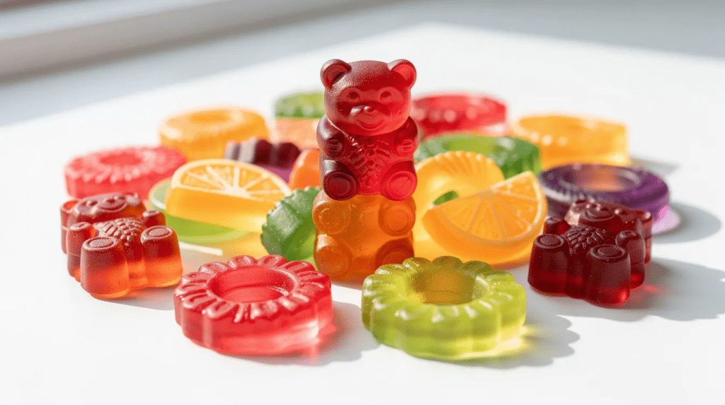 The image features an array of vibrant, fruit-flavored gummies neatly arranged on a clean white surface, illuminated by soft natural lighting. These colorful treats evoke a sense of fun and playfulness, contrasting with the more serious themes of psilocybin extraction and its potential therapeutic benefits found in psilocybin containing mushrooms.