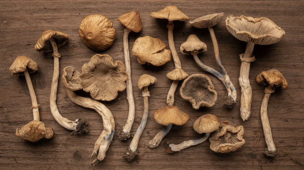 The image depicts a variety of dried psilocybin mushrooms laid out on a wooden surface, showcasing different sizes and cap shapes. These psilocybin containing mushrooms, known for their naturally occurring psychedelic compounds, are often explored for their potential therapeutic benefits in treating mental health conditions.